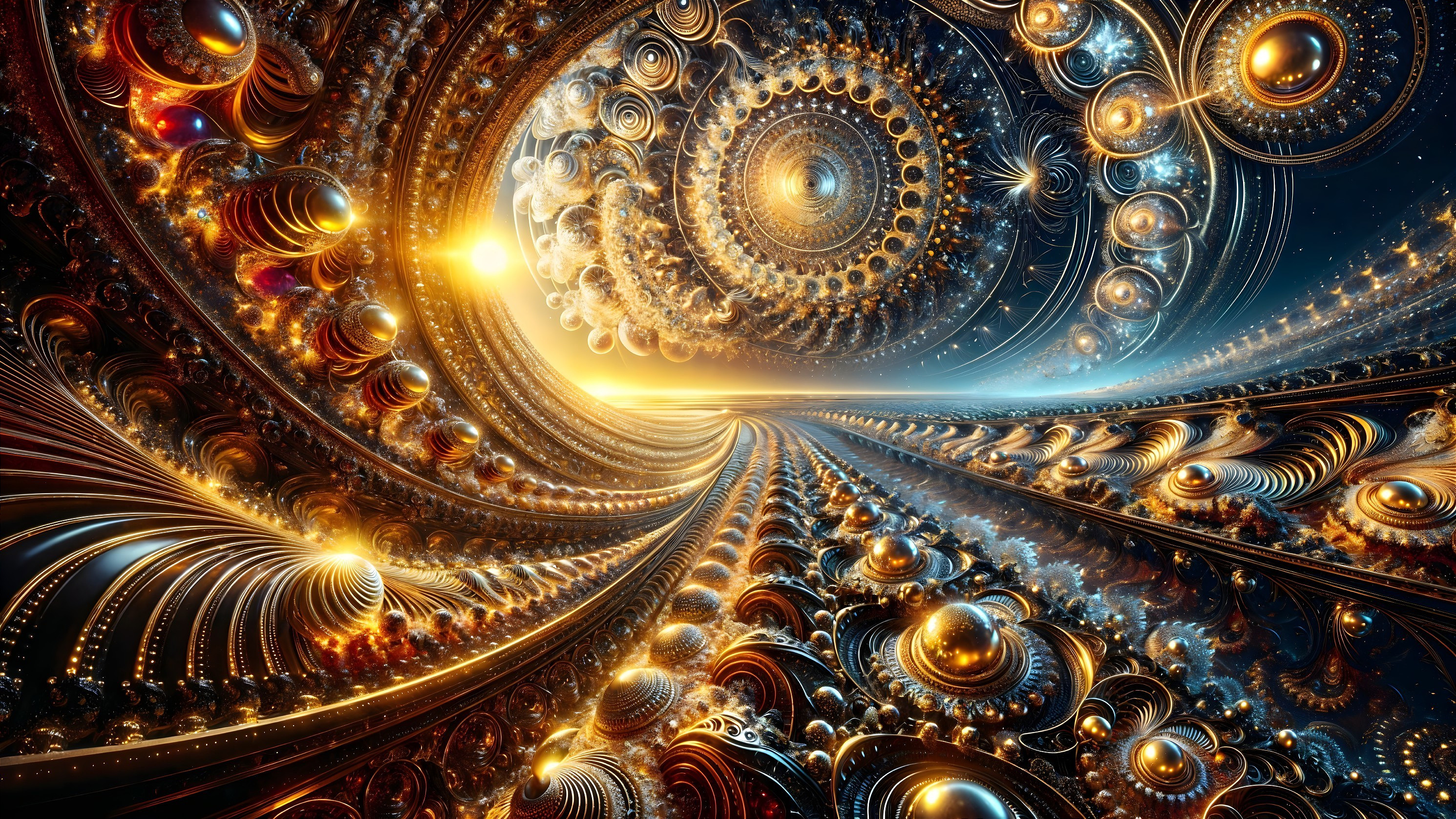Abstract Swirling Golden and Blue Cosmic Patterns