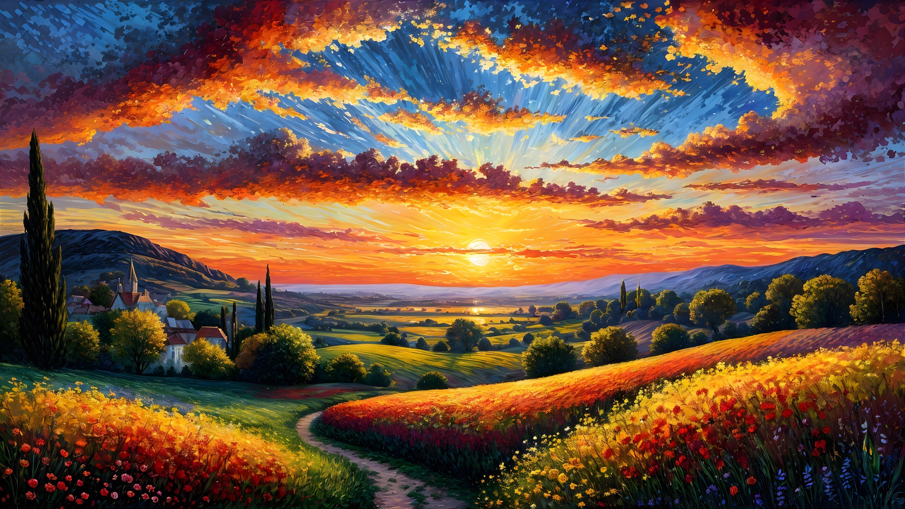 Vibrant Sunset Landscape with Rolling Hills and Cottages