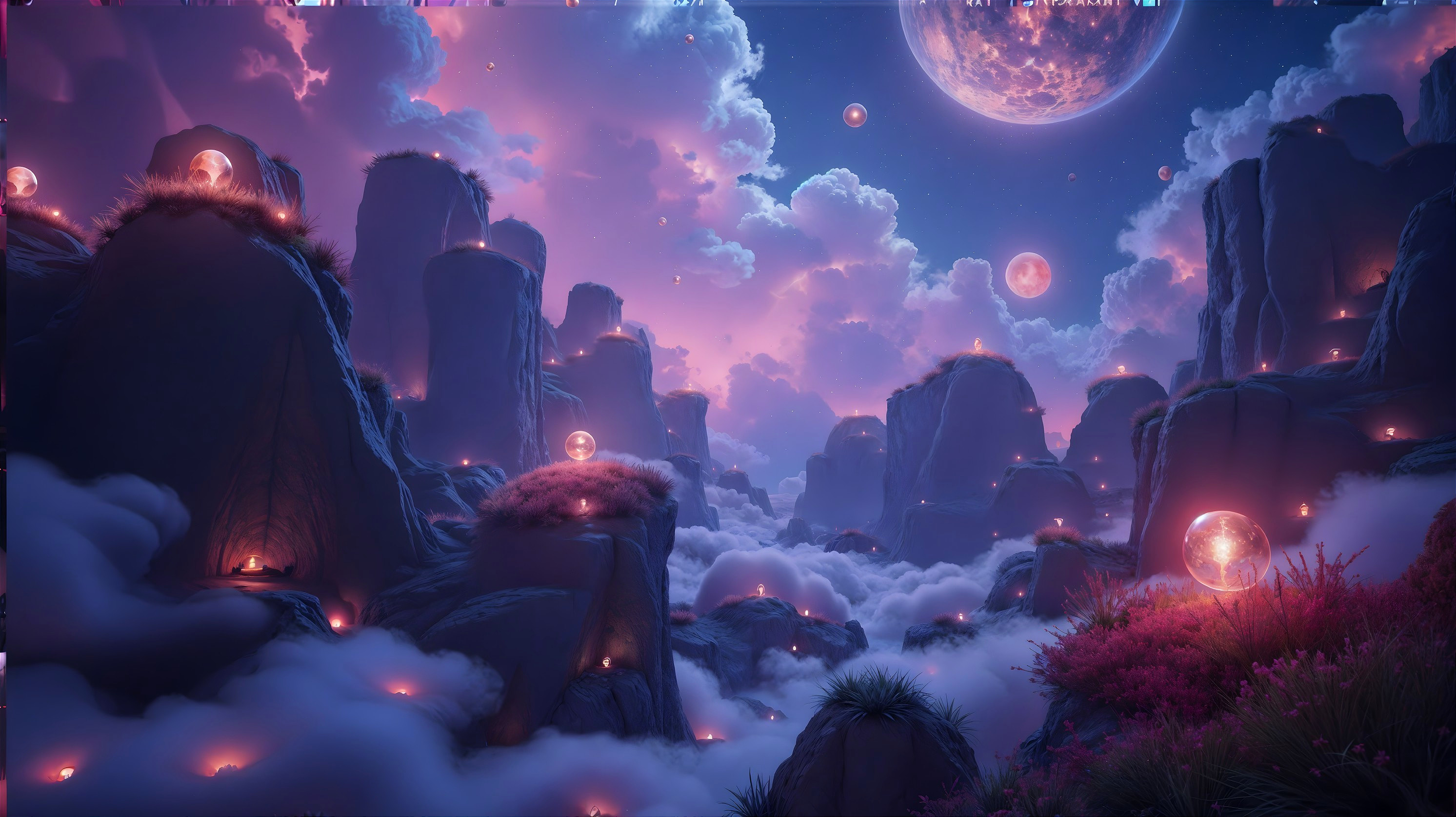 Surreal Landscape with Rocky Formations and Orbs