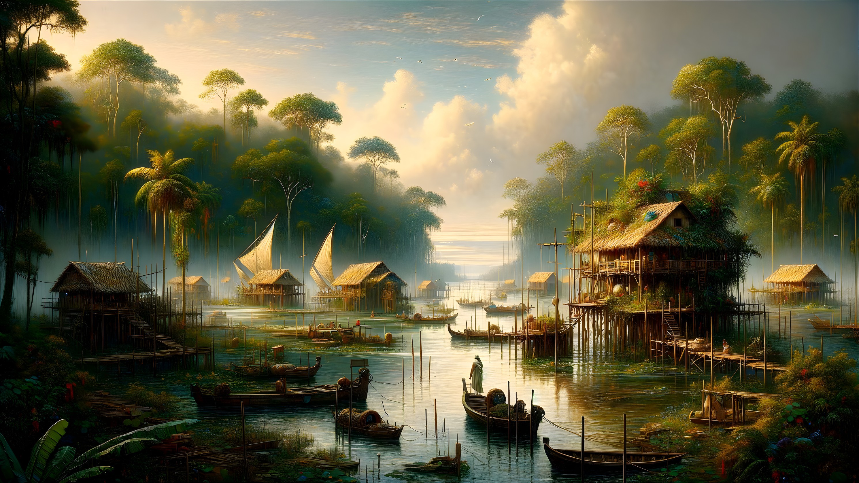 Mist-Covered Landscape with Serene Waterway and Houses