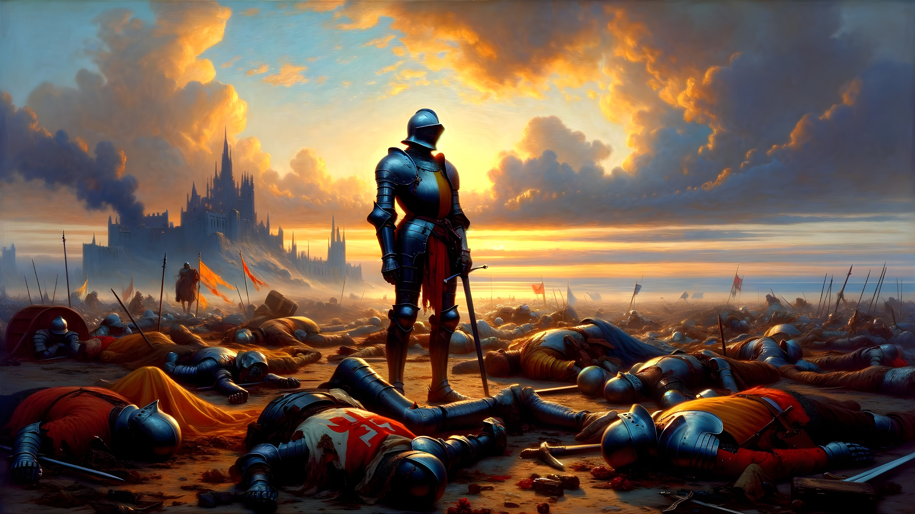Armored Knight on Desolate Battlefield at Sunset
