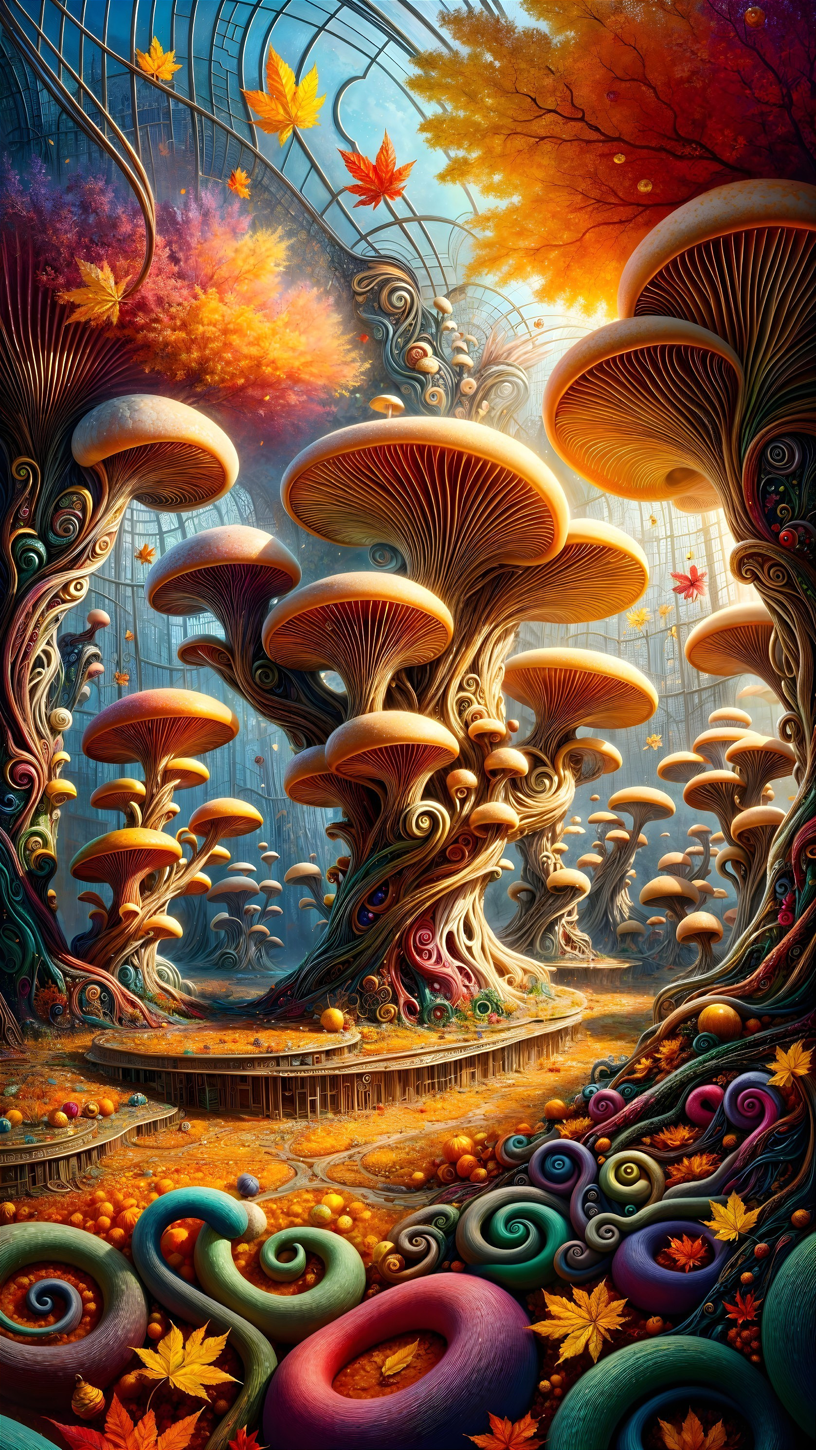 Surreal forest with oversized mushrooms and colorful trees