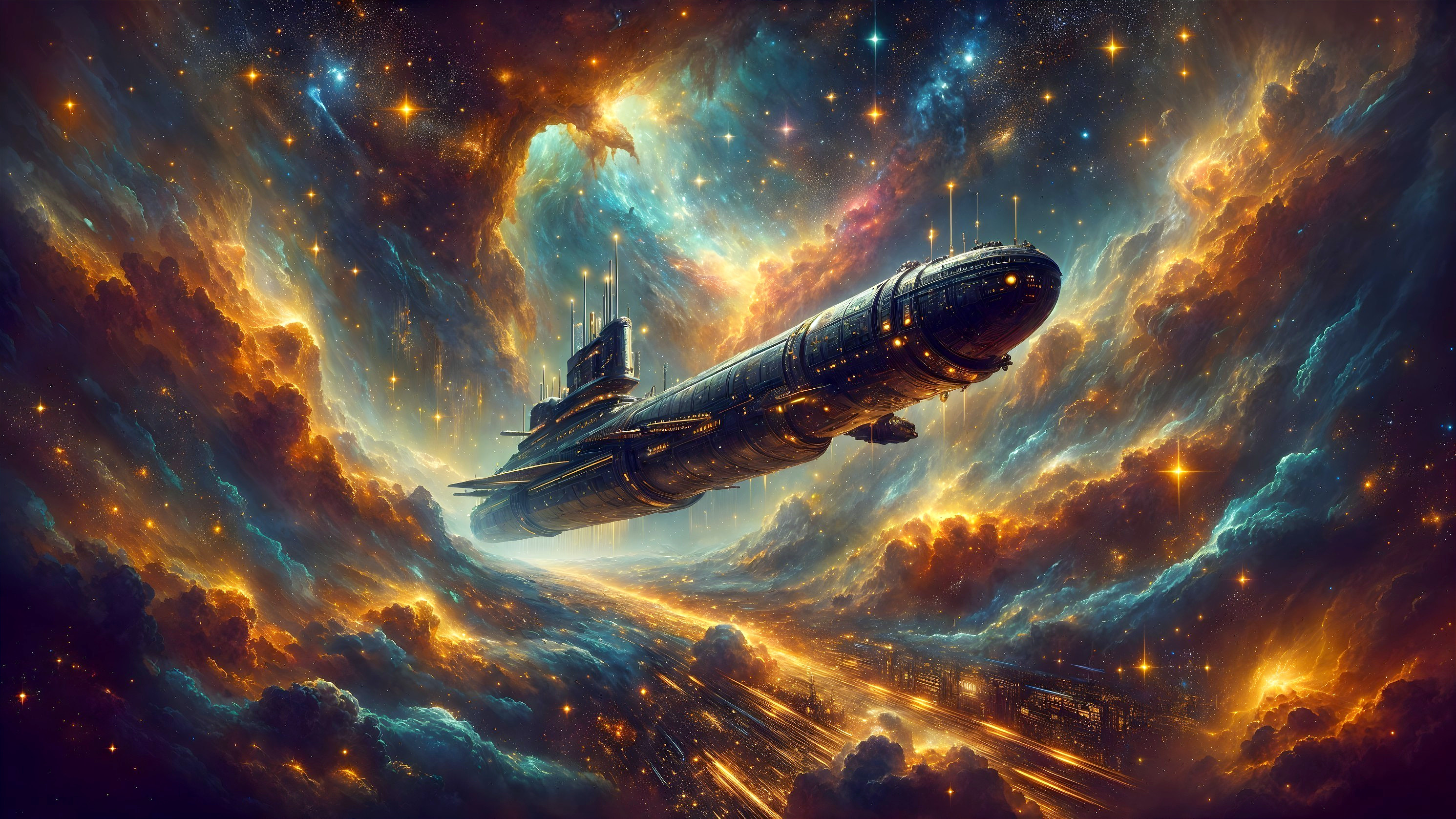 Majestic spaceship in vibrant cosmic scene with nebulae