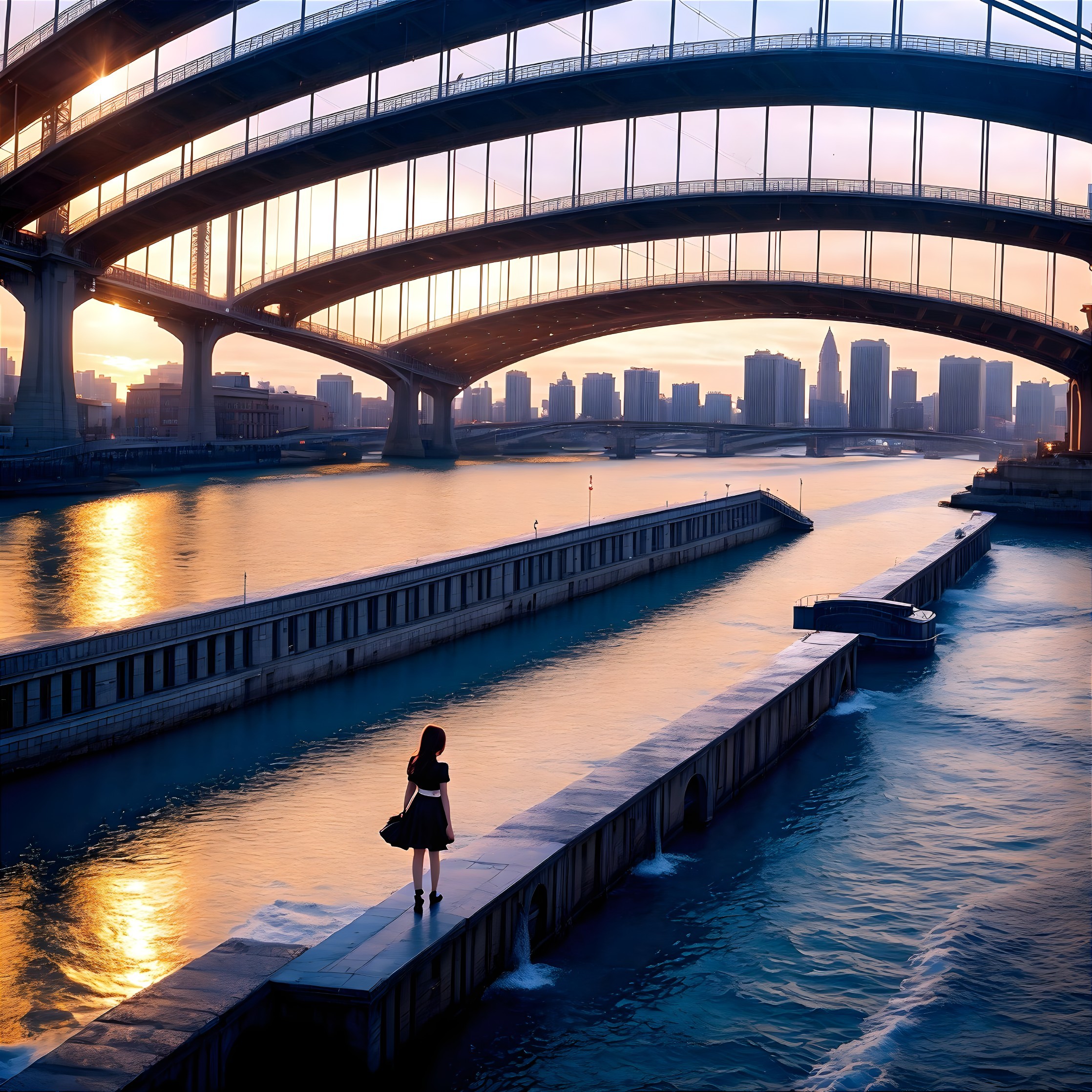 Silhouette of a Woman by Water at Sunset with Skyline