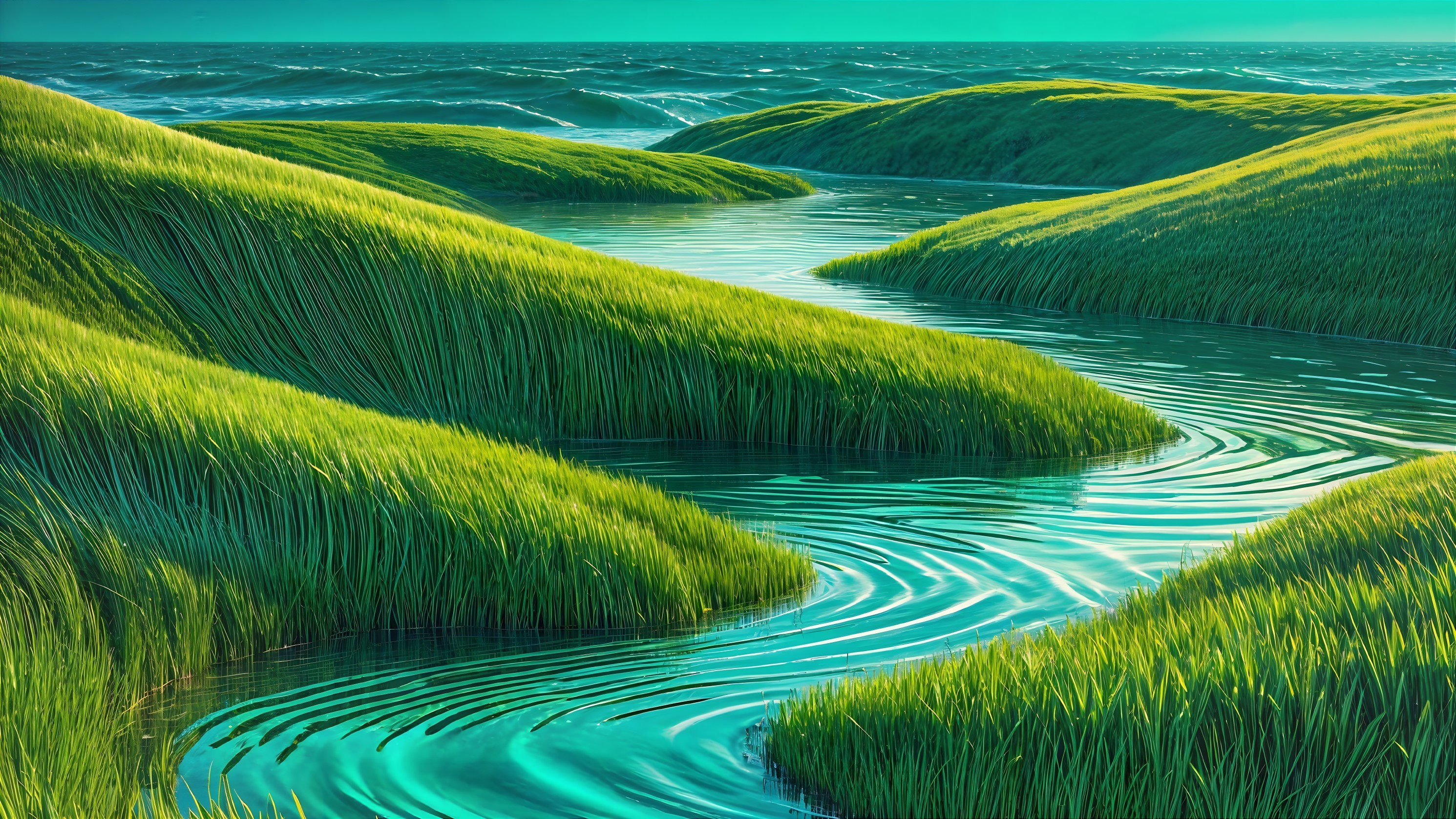 Serene Green Grasslands and Winding Stream Landscape