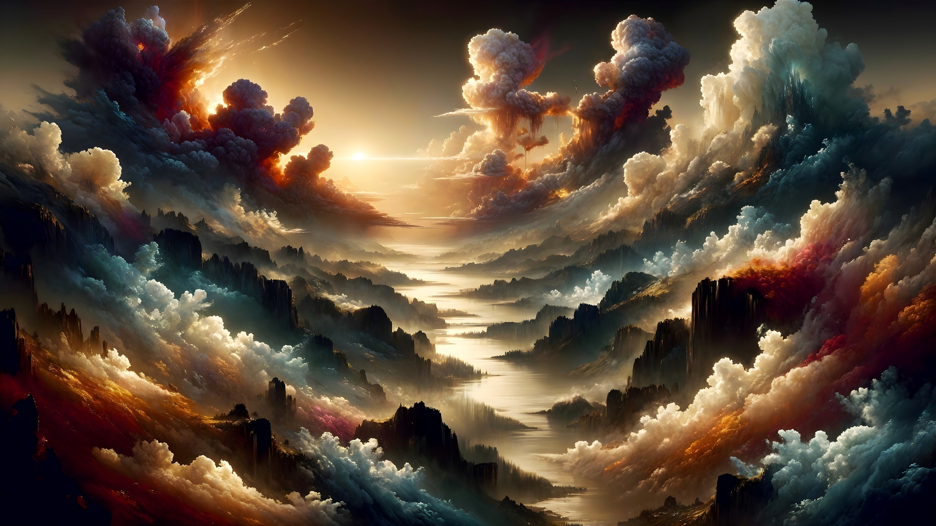 Dramatic Landscape with Colorful Clouds and River