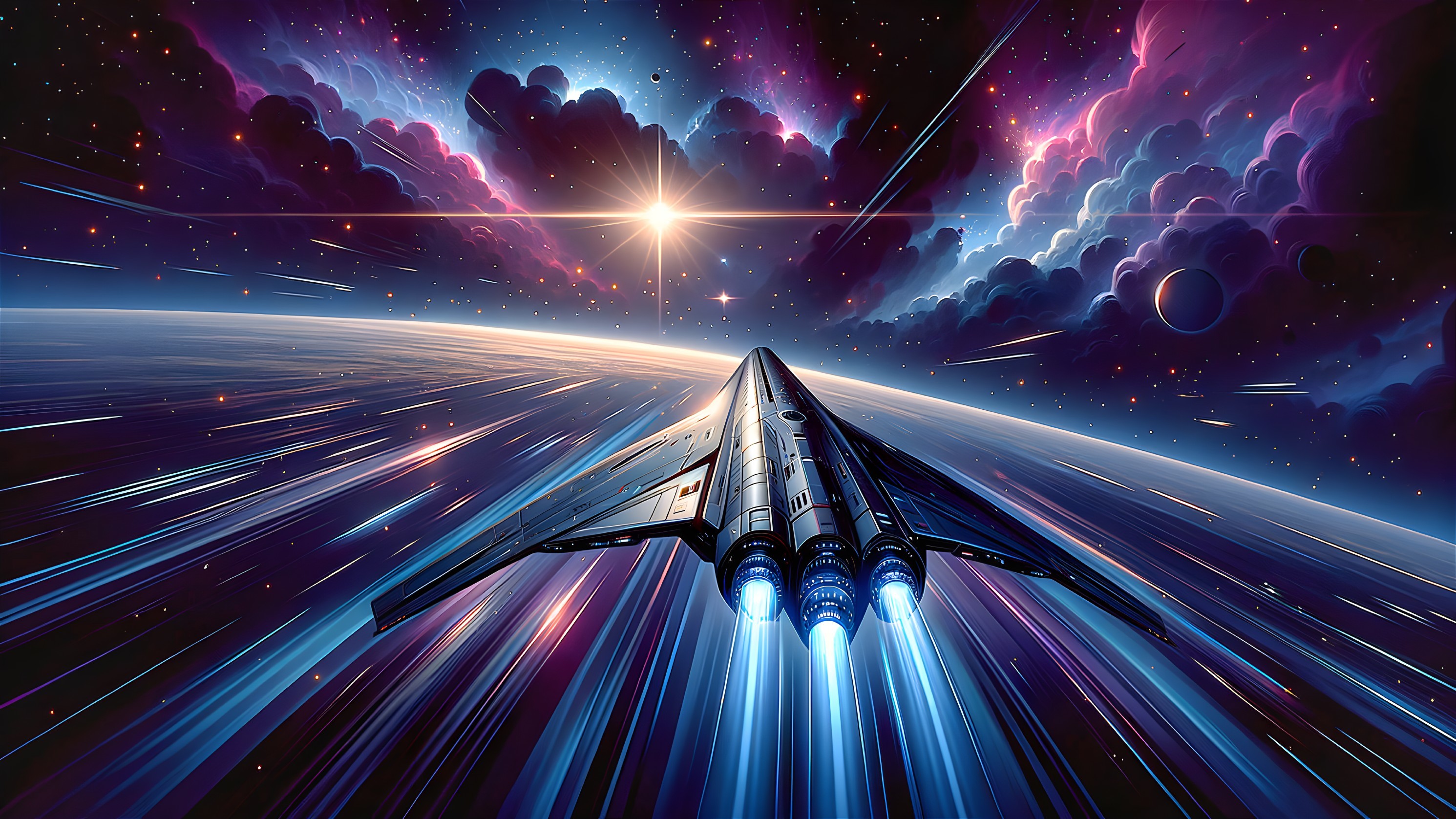 Futuristic spacecraft in vibrant cosmic scene