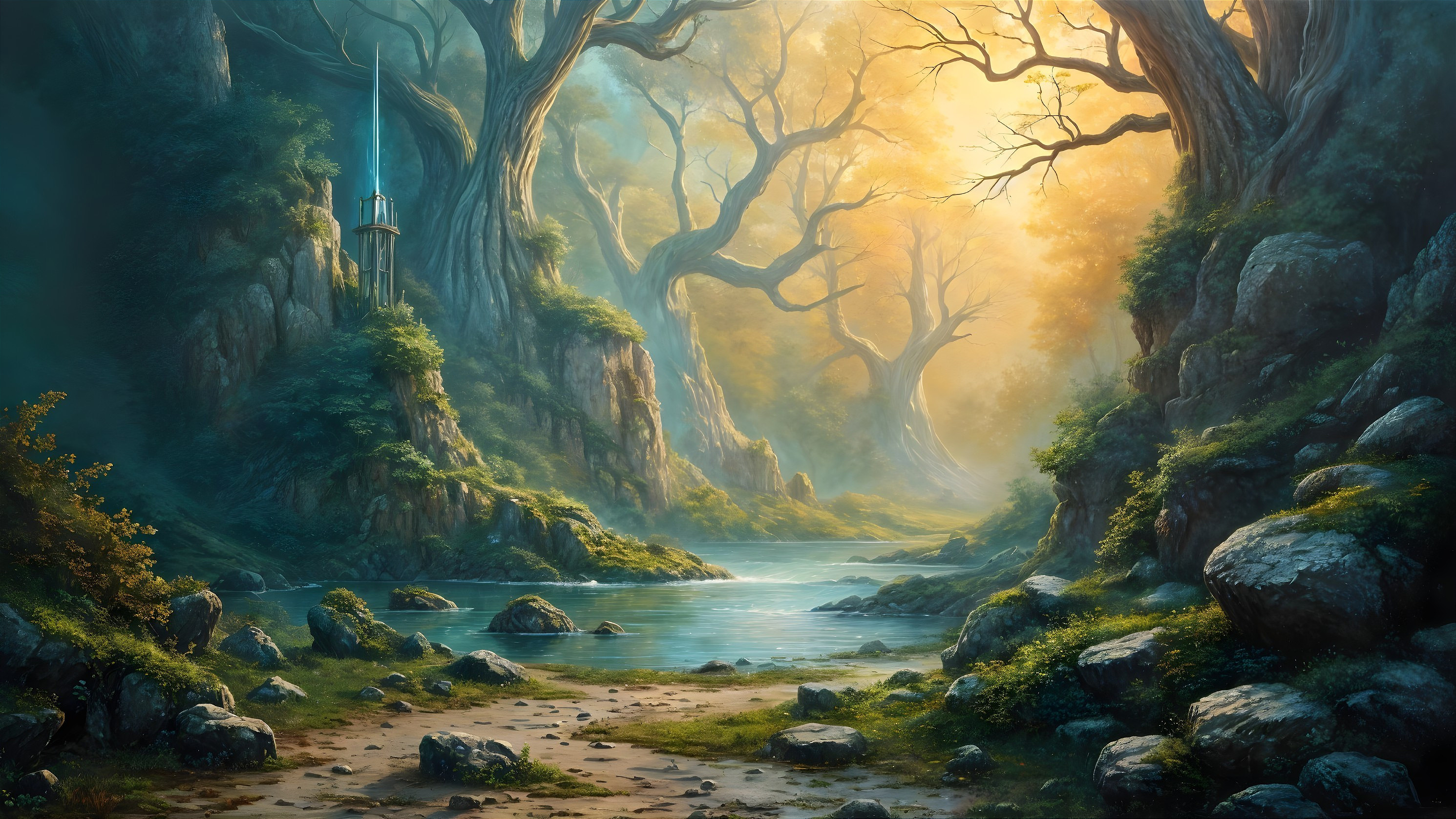 Serene Fantasy Landscape with River and Towering Trees