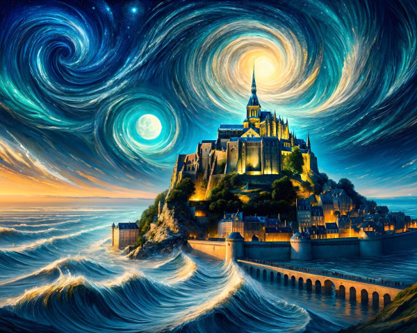 Castle on Rocky Island with Ocean Waves and Starry Sky