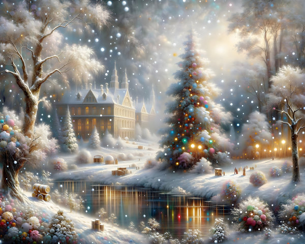 Magical Winter Wonderland with Castle and Christmas Tree