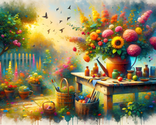 Vibrant Garden Scene with Blooming Flowers and Tools