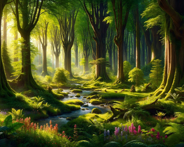 Serene forest scene with golden light and wildflowers