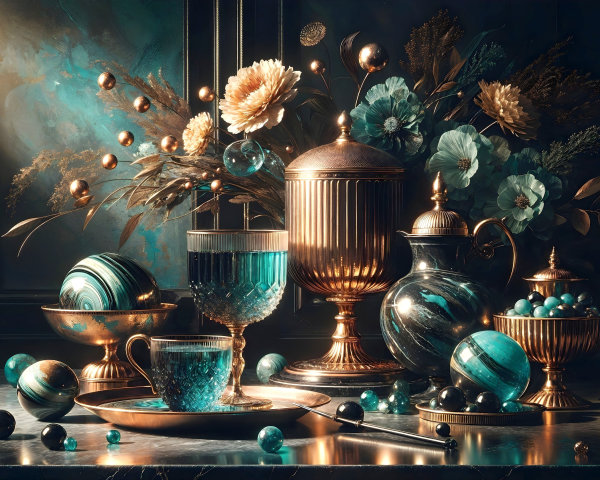 Elegant Still Life with Glassware and Metallic Objects