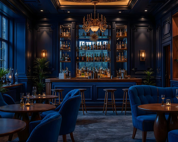 Elegant bar area with plush seating and warm lighting