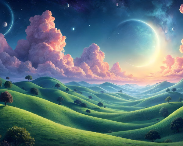 Surreal Landscape with Green Hills and Pastel Sky