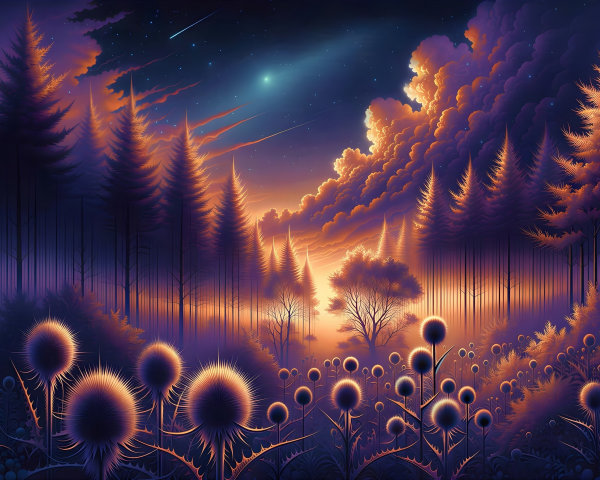 Ethereal Forest with Colorful Trees and Thistle Plants
