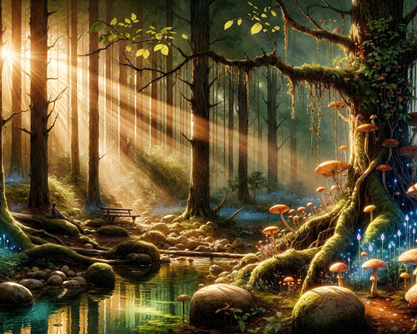 Serene forest scene with sunlight and vibrant mushrooms
