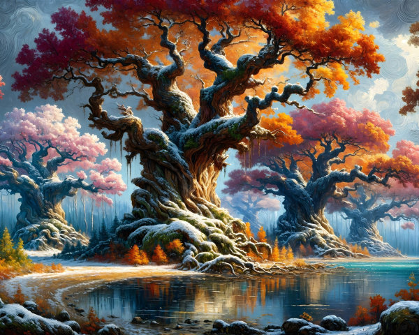 Ancient Trees with Autumn Leaves by Reflective Water