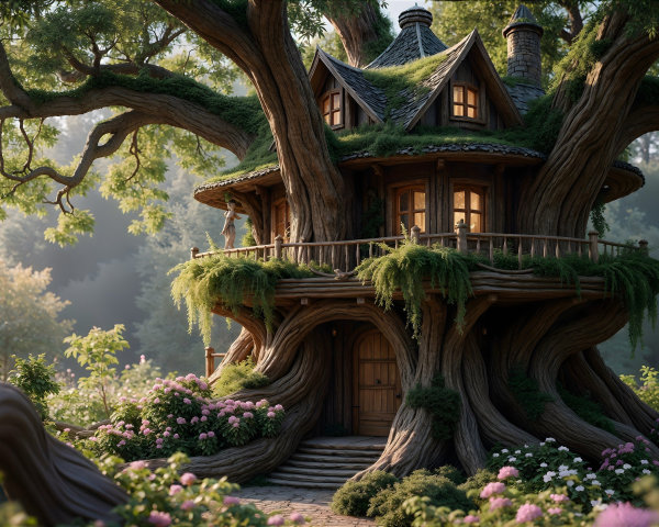 Whimsical Treehouse Surrounded by Lush Garden and Sunlight
