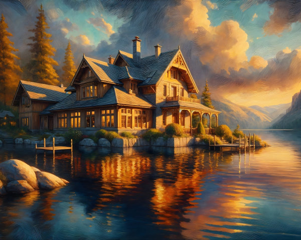 Lakeside Cottage Surrounded by Pine Trees at Sunset