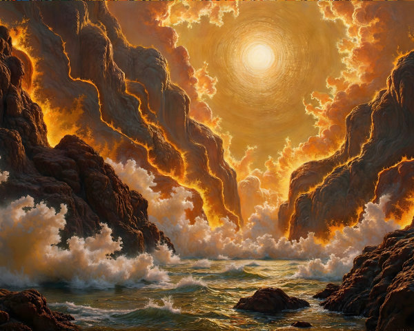 Vibrant Seascape with Dramatic Cliffs and Sunset