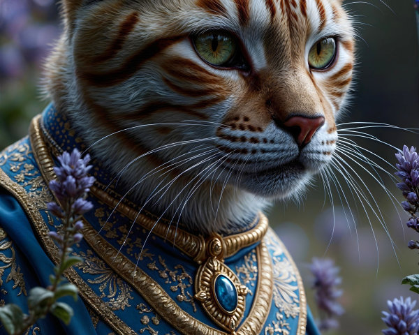 Majestic Feline in Ornate Blue Robe and Flowers