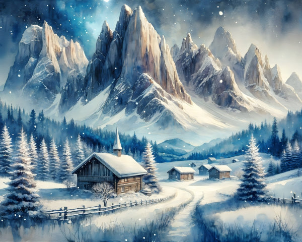 Winter Landscape with Snow-Capped Mountains and Cabin