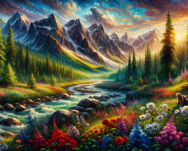 Vibrant Landscape with Snow-Capped Mountains and River