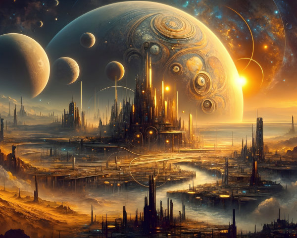 Cosmic Landscape with Colorful Planet and Cityscape