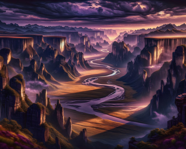 Twilight Landscape with Cliffs, Valleys, and River