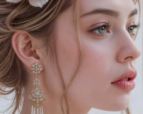 Close-up Portrait of a Young Woman with Flower and Jewelry