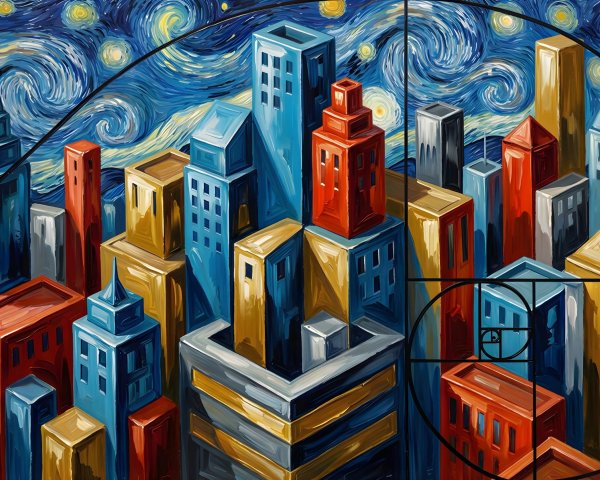 Vibrant Geometric City Skyline Digital Painting at Night