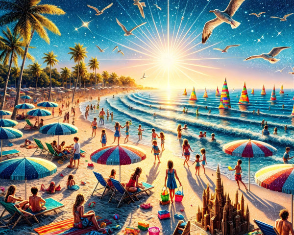 Vibrant Beach Scene at Sunset with Families and Fun