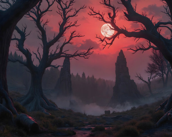 Haunting Landscape with Twisted Trees and Full Moon