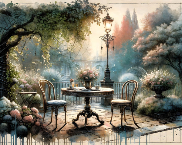 Serene garden scene with patio and blooming flowers