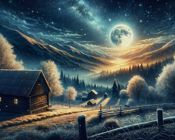 Serene Winter Landscape with Cabin and Starry Sky