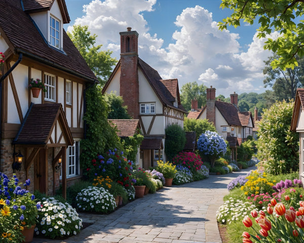 Charming Village Street with Half-Timbered Houses