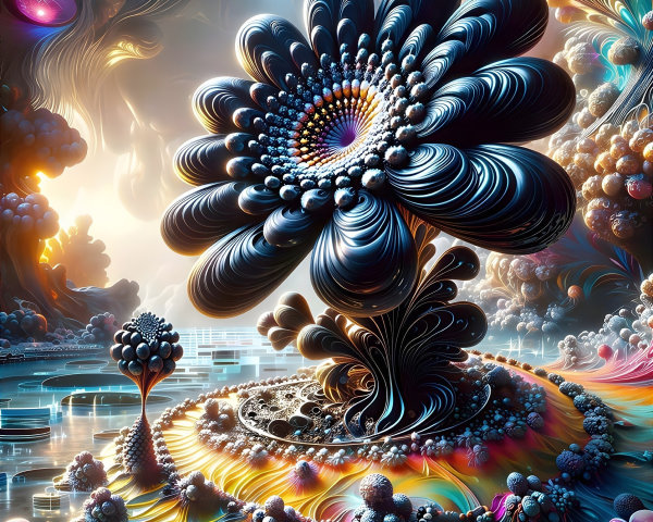 Intricate Iridescent Flower in Vibrant Landscape Art