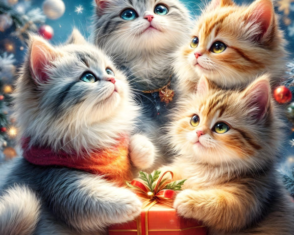 Holiday Scene with Kittens and Festive Decorations