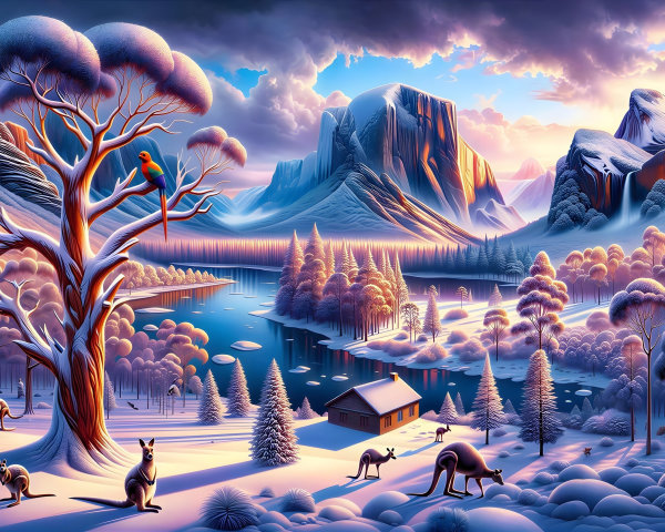 Surreal Winter Landscape with Tree and Wildlife