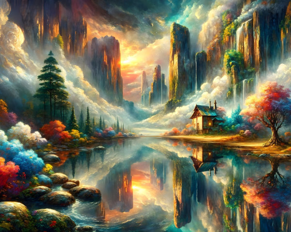 Colorful Cliffs and Serene Lake at Sunset