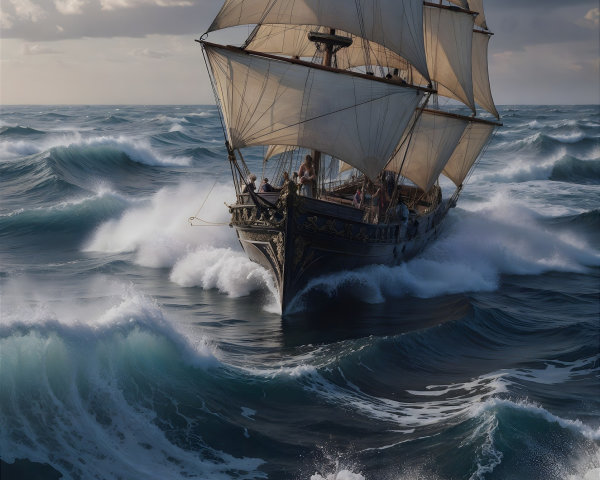 Tall Ship Navigating Turbulent Ocean Waves