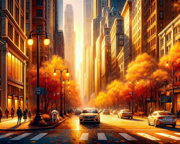 Autumn City Scene with Colorful Trees and Buildings