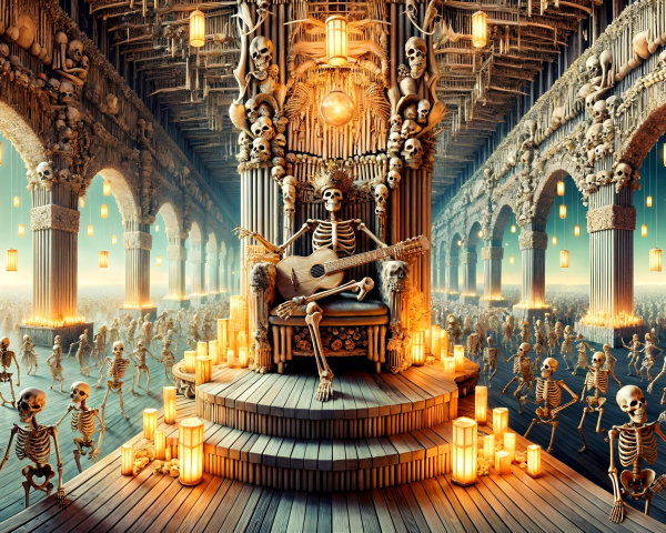 Grand hall with dancing skeletons and ornate architecture