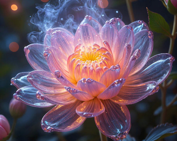 Luminous pink lotus flower in serene misty setting