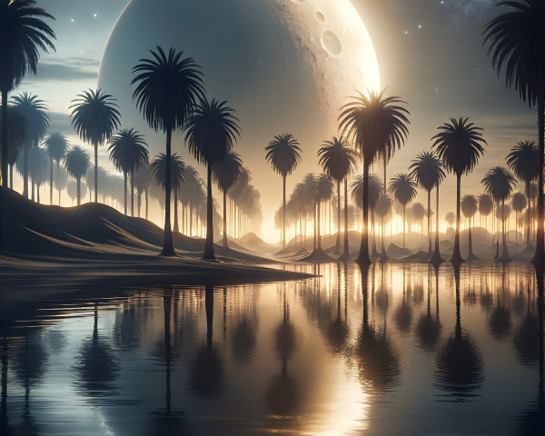 Luminescent Moonlit Landscape with Palm Trees and Water