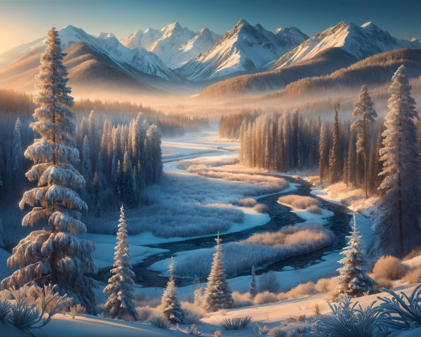 Winter Landscape with River and Snowy Mountains