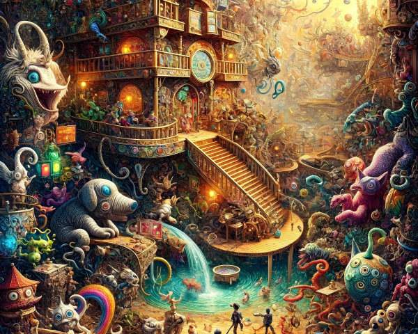 Vibrant Fantastical Scene with Whimsical Creatures