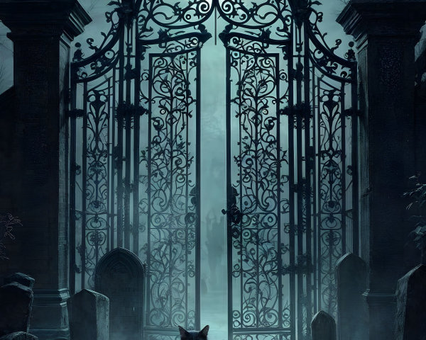 Misty Graveyard Entrance with Wrought-Iron Gates