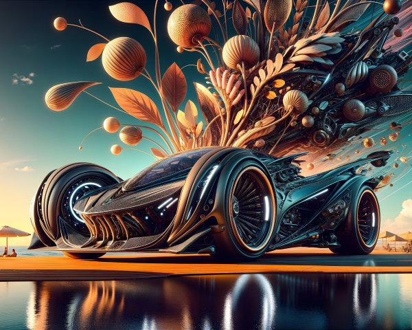 Futuristic Car with Floral Design on Beachside Boardwalk